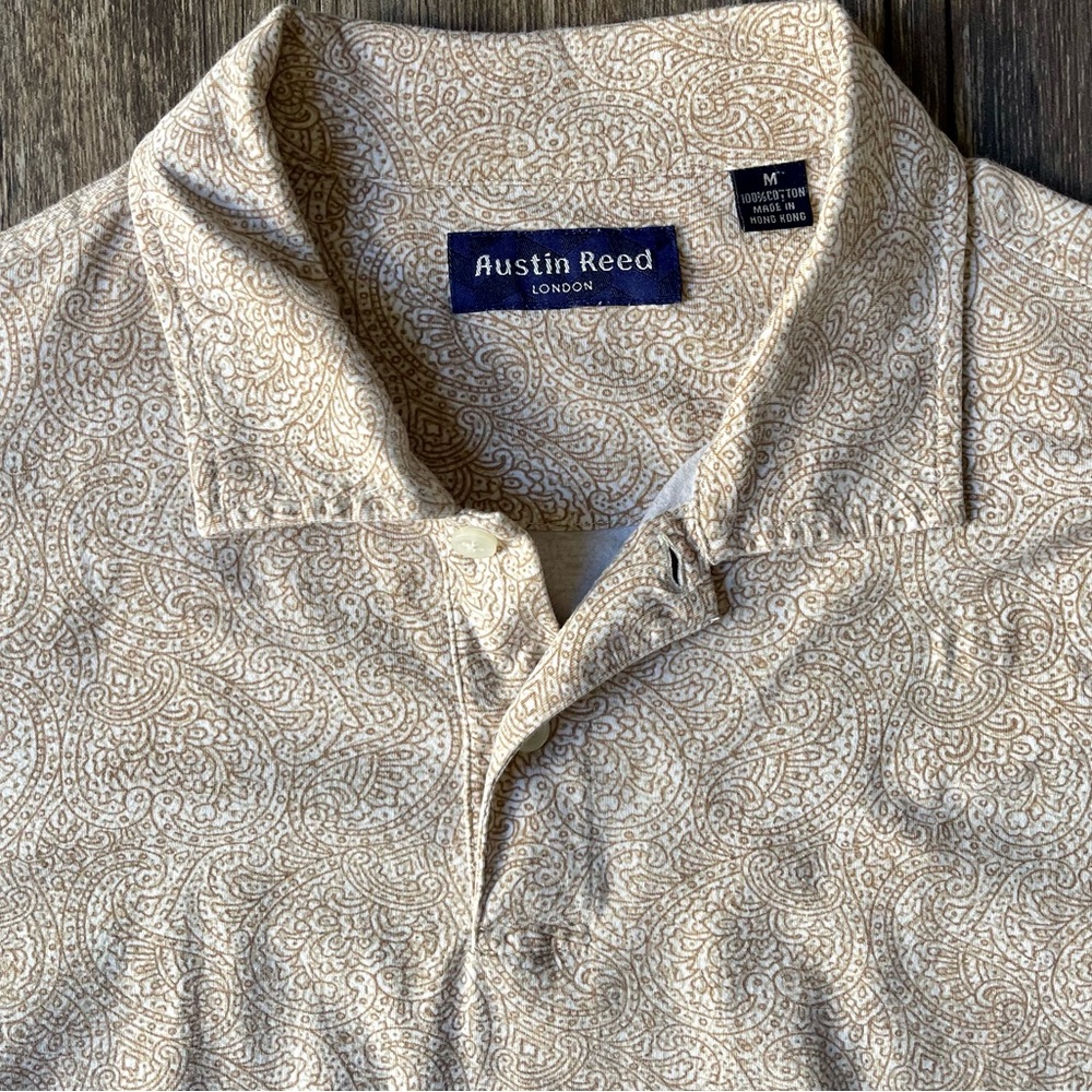 Austin Reed Tan Paisley Short Sleeve Soft Cotton Polo Shirt - Picture 5 of 11